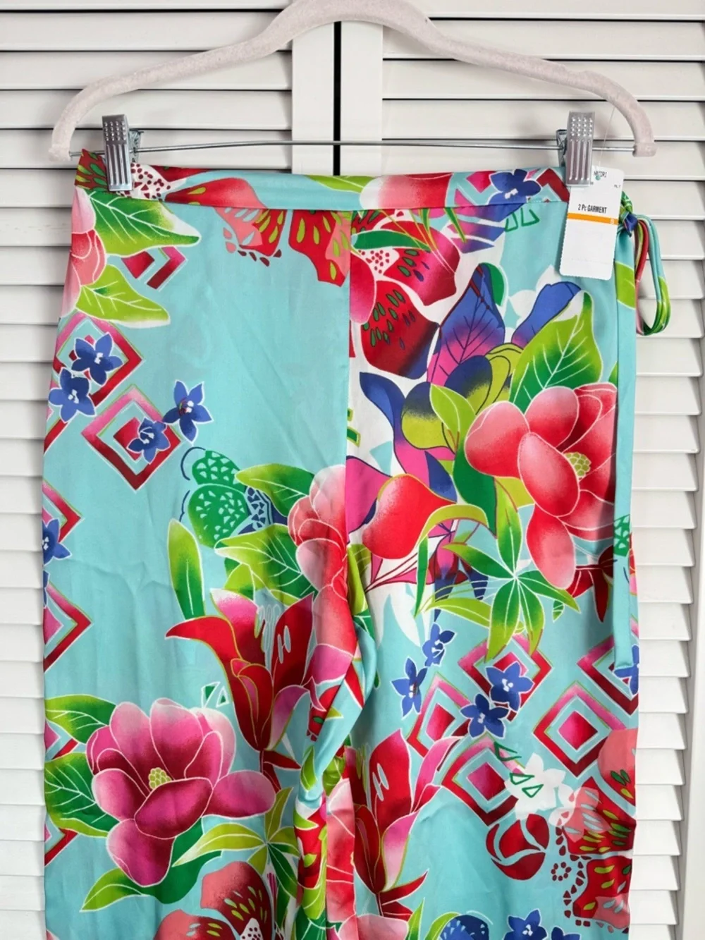 Tropical Floral Satin Pajama Set in Aqua & Pink